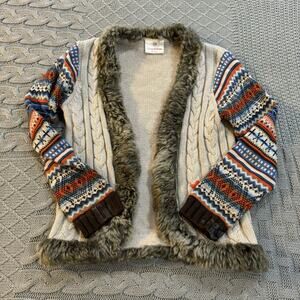 Hanna Andersson Cream Cable Knit Cardigan with Multicolor Fair Isle Sleeves